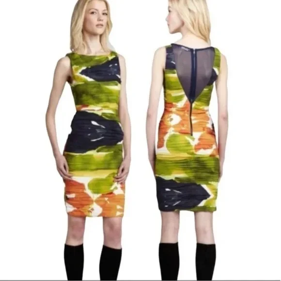 Alice + Olivia Valerie Silk Ruched Mesh Orange White Green Sleeveless Dress SZ 6 - Picture 2 of 12